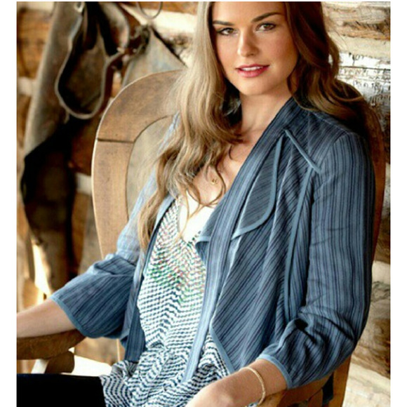 Cabi Jacket Size S Peplum Open Front Cascading Ruffle Swing Striped Blue - Picture 1 of 7